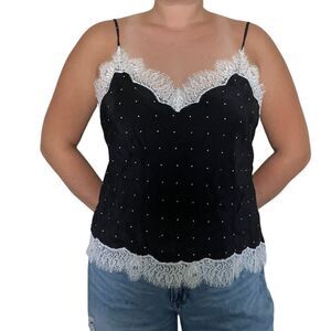 VICTORIAS SECRET CAMI Top Slip Polka Dot Black White Lace Trim size L
